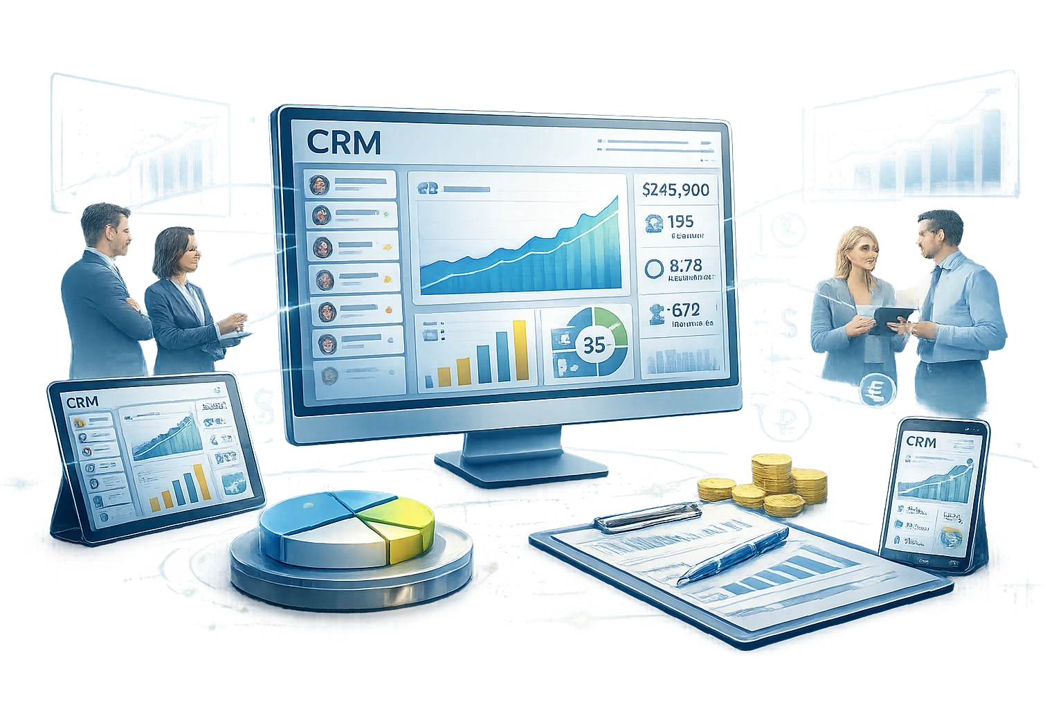 CRM system: customer database, sales pipeline, analytics and forecasting
