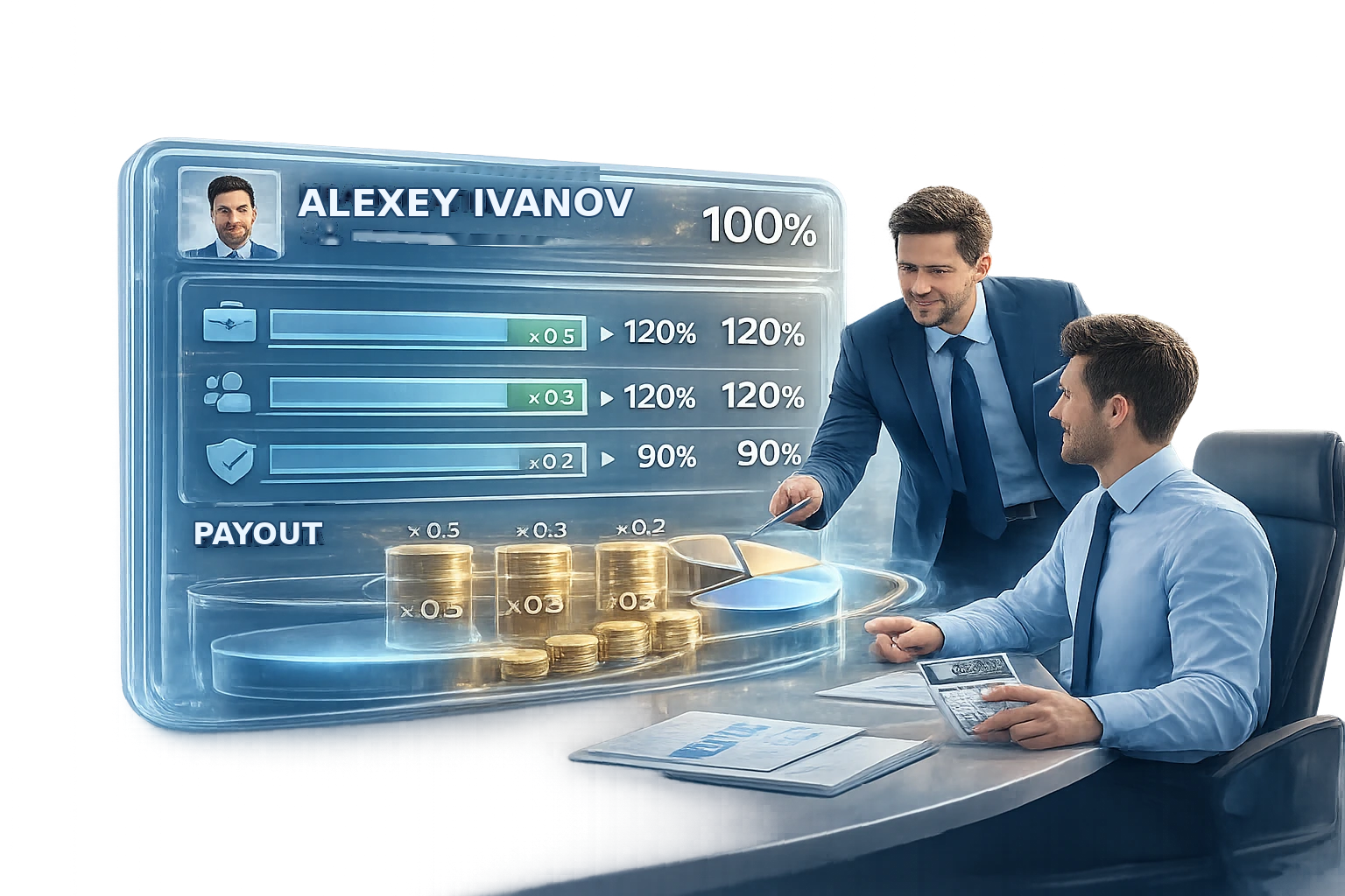 Employee incentive and KPI system linking role outcomes, controllable metrics and compensation